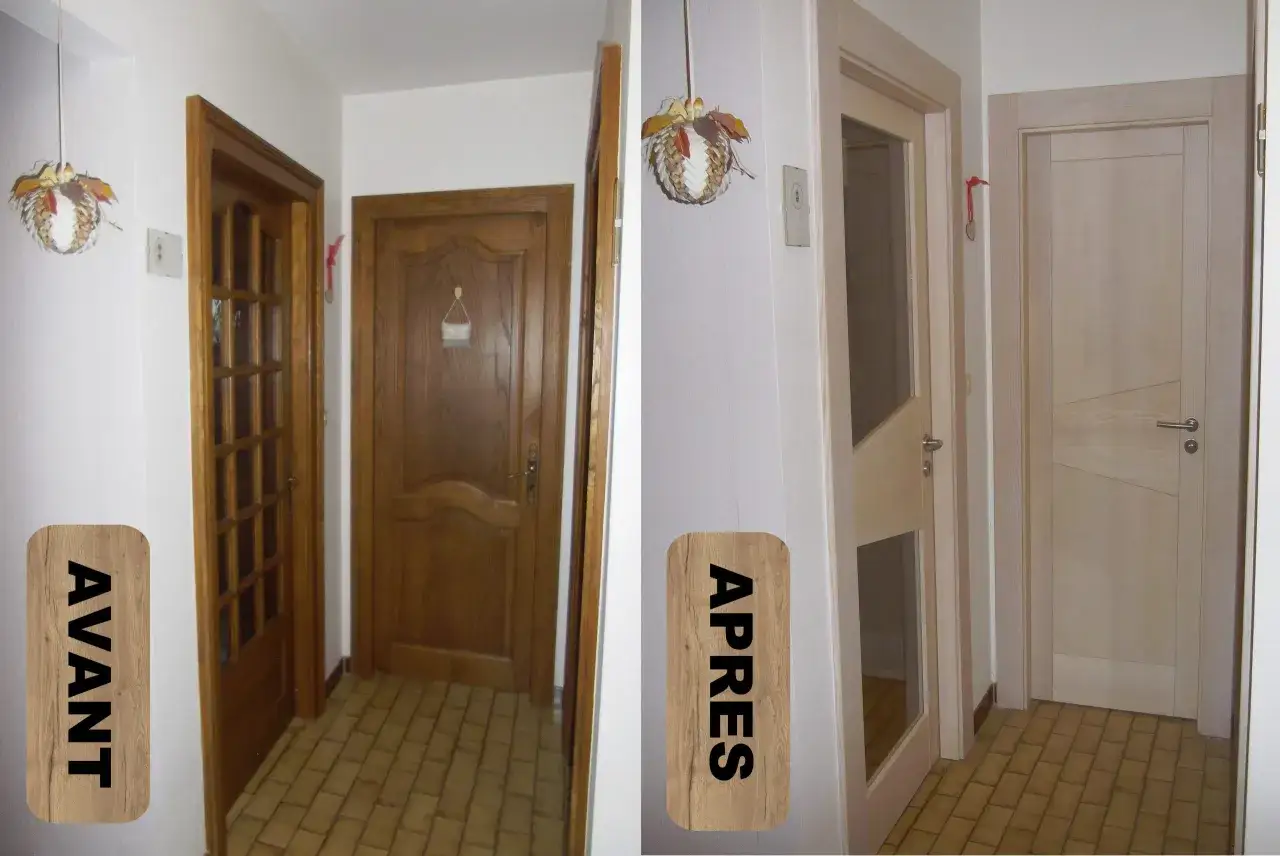 Avant/Apr&egrave;s : peut-on changer un encadrement de porte ? Oui, le passage de portes en bois massif &agrave; des portes plus modernes et lumineuses transforme l'espace.