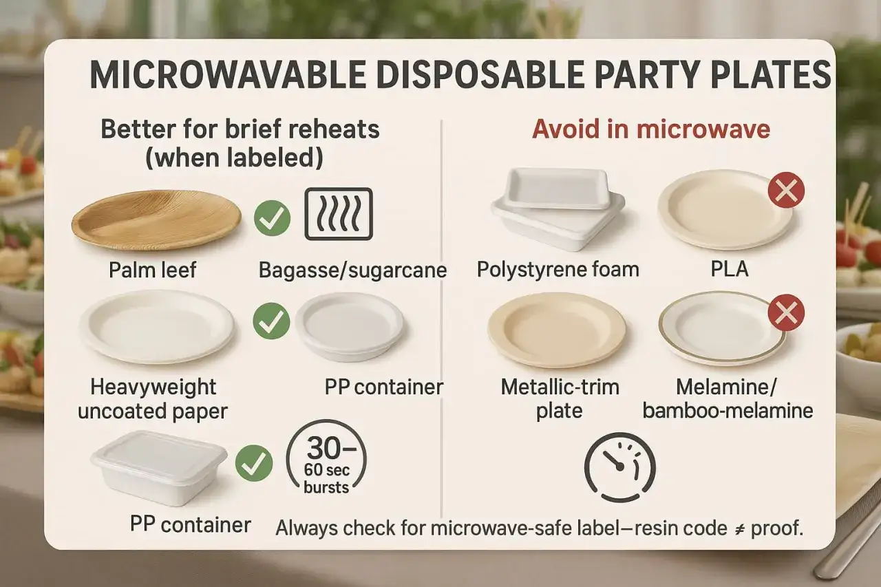 Guide sur les assiettes jetables au micro-ondes. Évitez polystyrène, PLA, et mélamine. Le **inox micro onde** n'est pas mentionné, mais les assiettes en feuille de palmier, bagasse, papier non couché et PP sont ok.