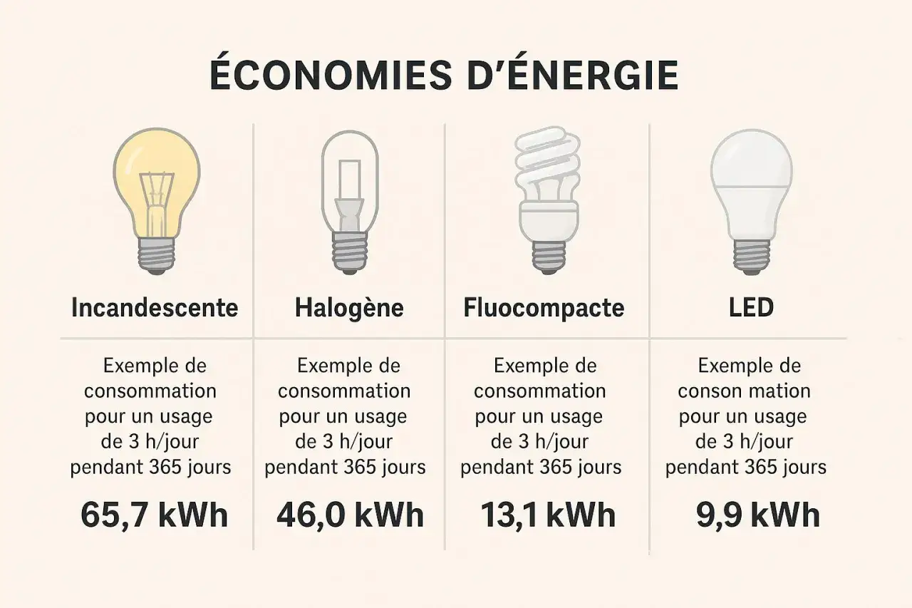 Comparaison de la consommation d'&eacute;nergie des ampoules : incandescente, halog&egrave;ne, fluocompacte et LED. La puissance LED est la plus &eacute;conomique.