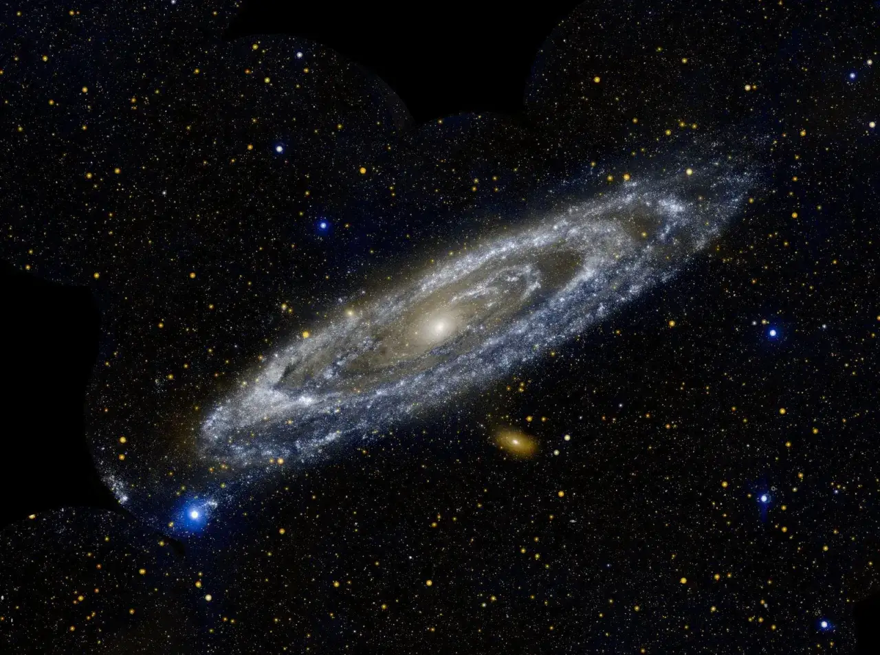 Andromedagalaxen, en spiralgalax, lyser i rymden. Denna bild ger en glimt av hur l&aring;ngt bort ligger andromedagalaxen.
