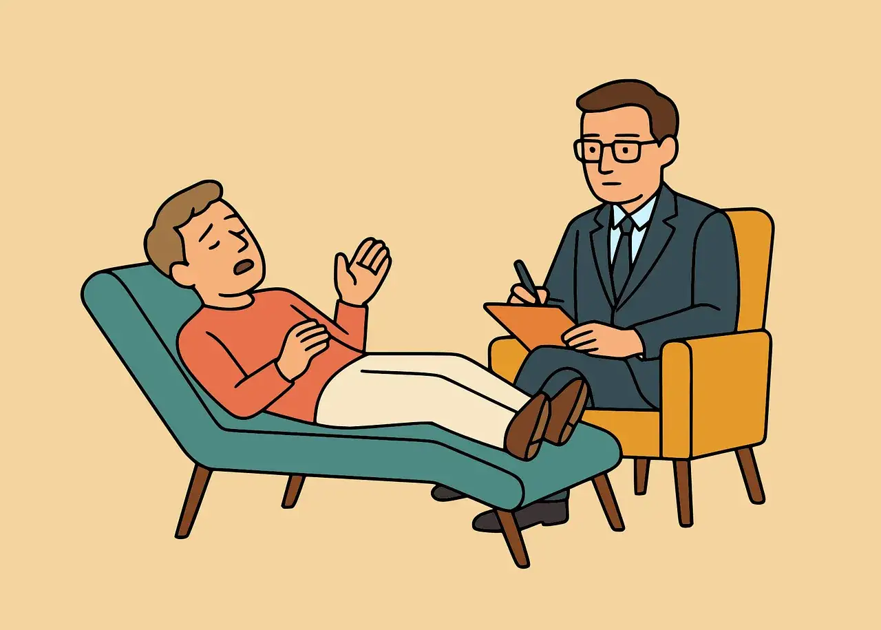 Mężczyzna na kozetce opowiada o swoim **lęku przed porażką**, podczas gdy terapeuta notuje.