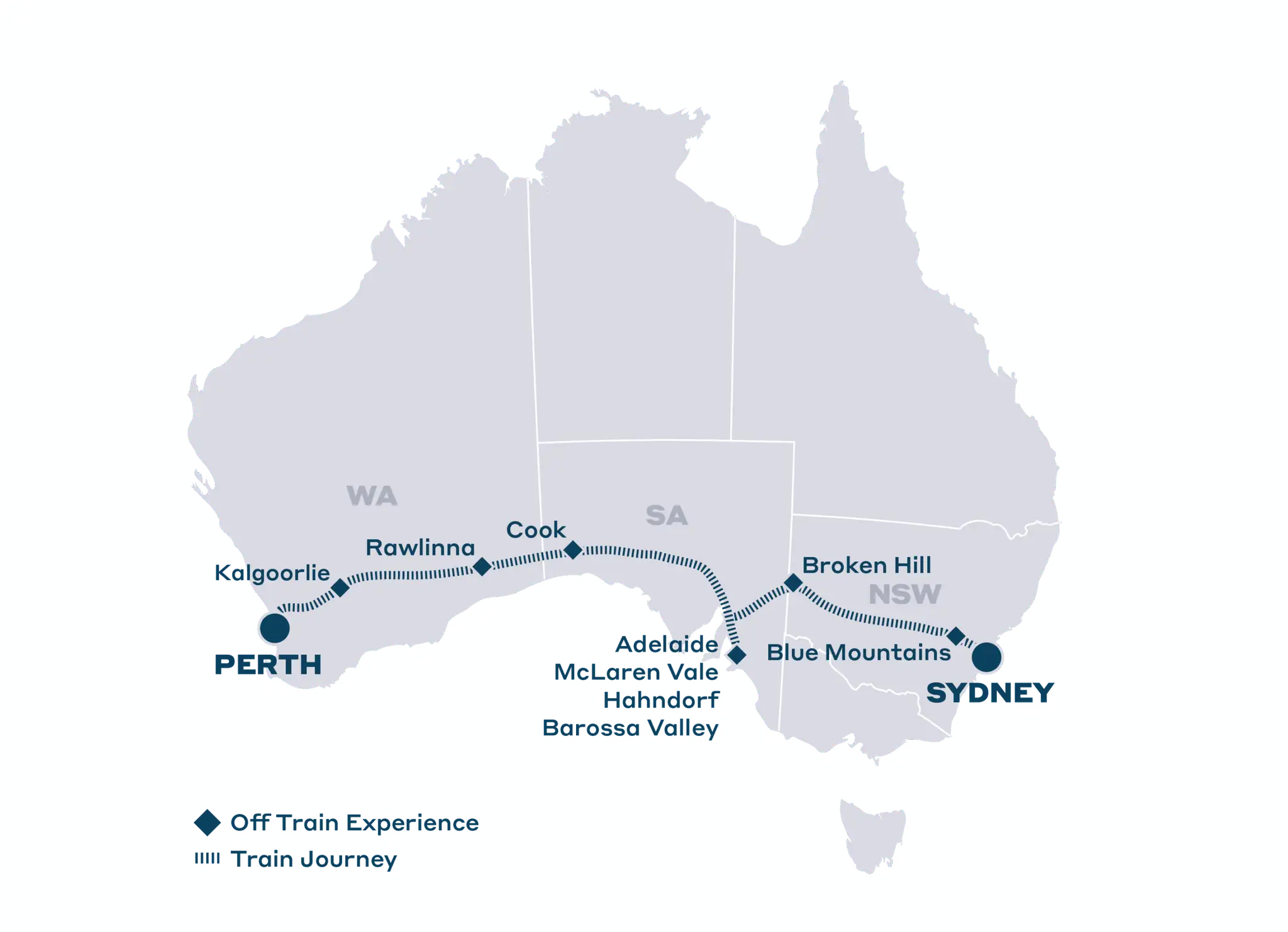 Mapa Australii pokazuje, gdzie leży Australia, z zaznaczonymi trasami pociągów przez Perth, Adelaide i Sydney.