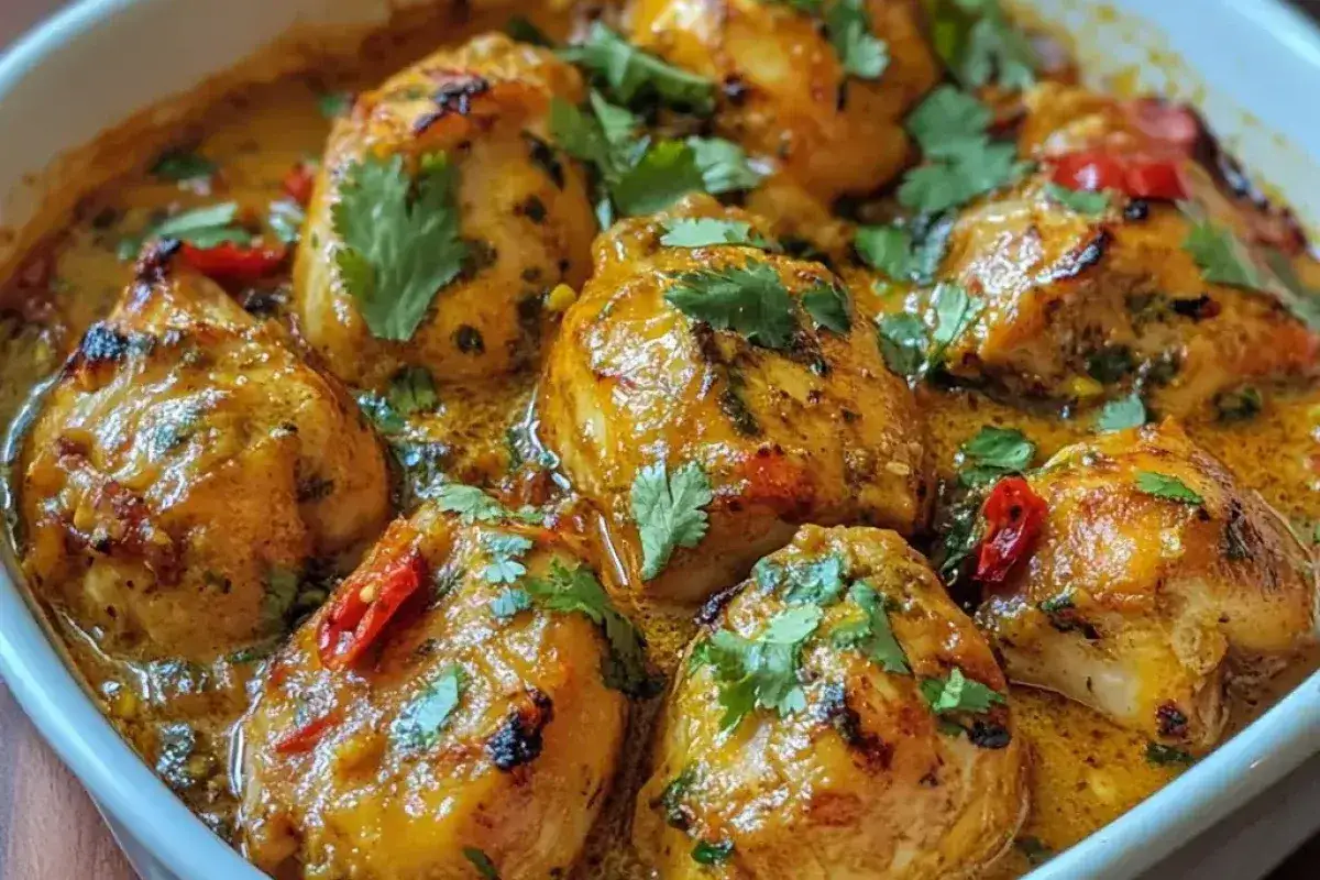 Saftiges Butter Chicken in cremiger Sauce, garniert mit frischem Koriander und roten Chilischoten. Ein Genuss für die Sinne!