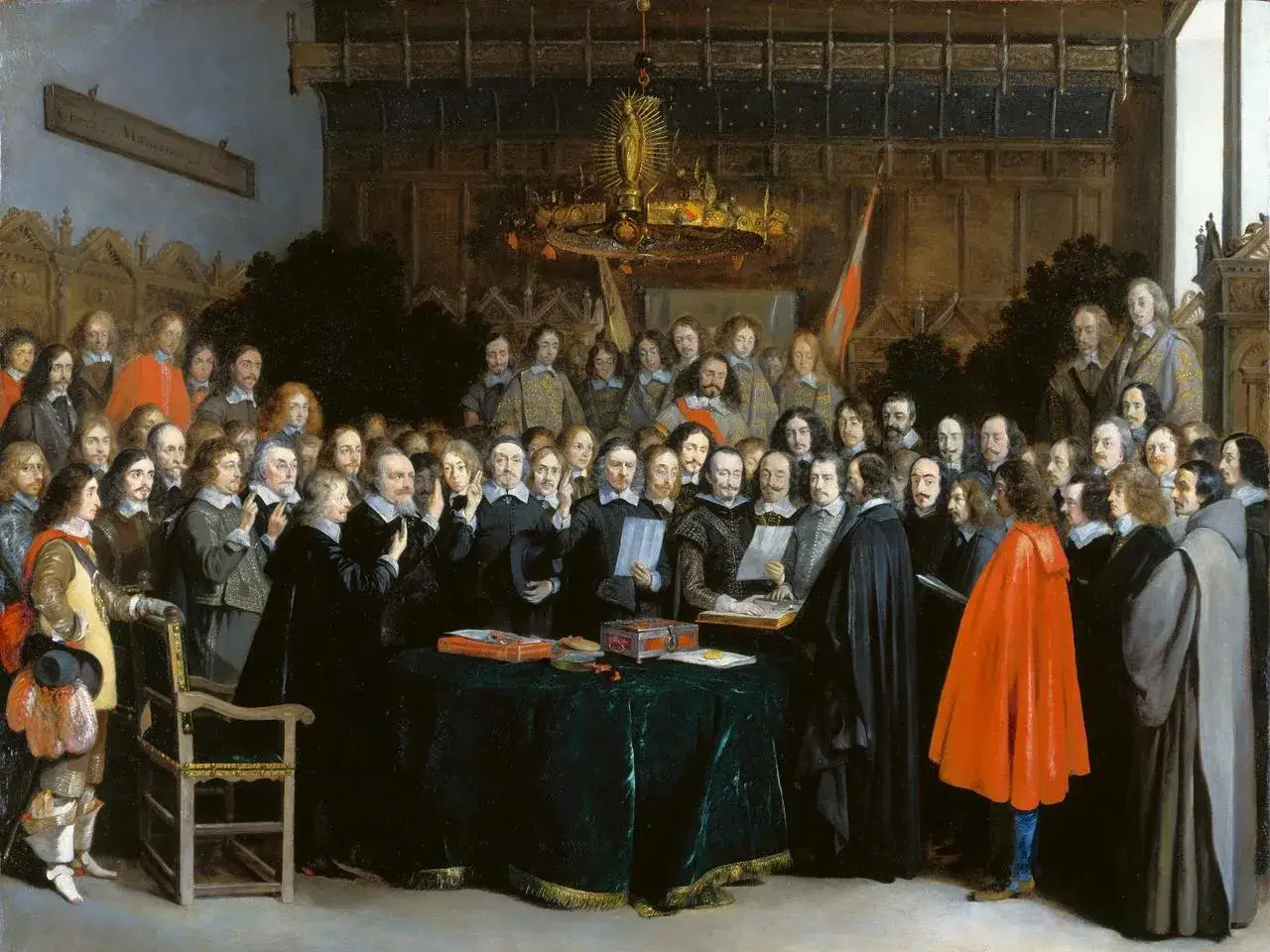 Het schilderij van de Vrede van Münster toont een groep mannen in formele kledij, bijeen rond een tafel, mogelijk ter ondertekening van een belangrijk verdrag.