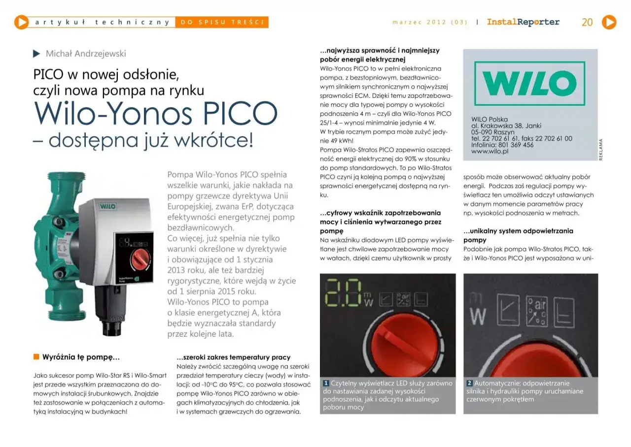 Pompa Wilo-Yonos PICO, jej instrukcja obsługi i cechy. Nowa pompa Wilo z klasą energetyczną A.