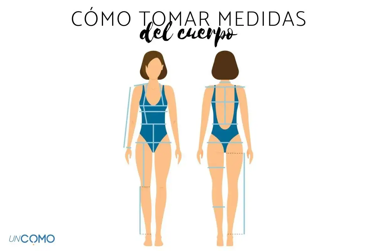 Ilustración de cómo tomar las medidas del cuerpo, mostrando un frente y una vista trasera de una figura femenina con líneas indicando dónde medir.
