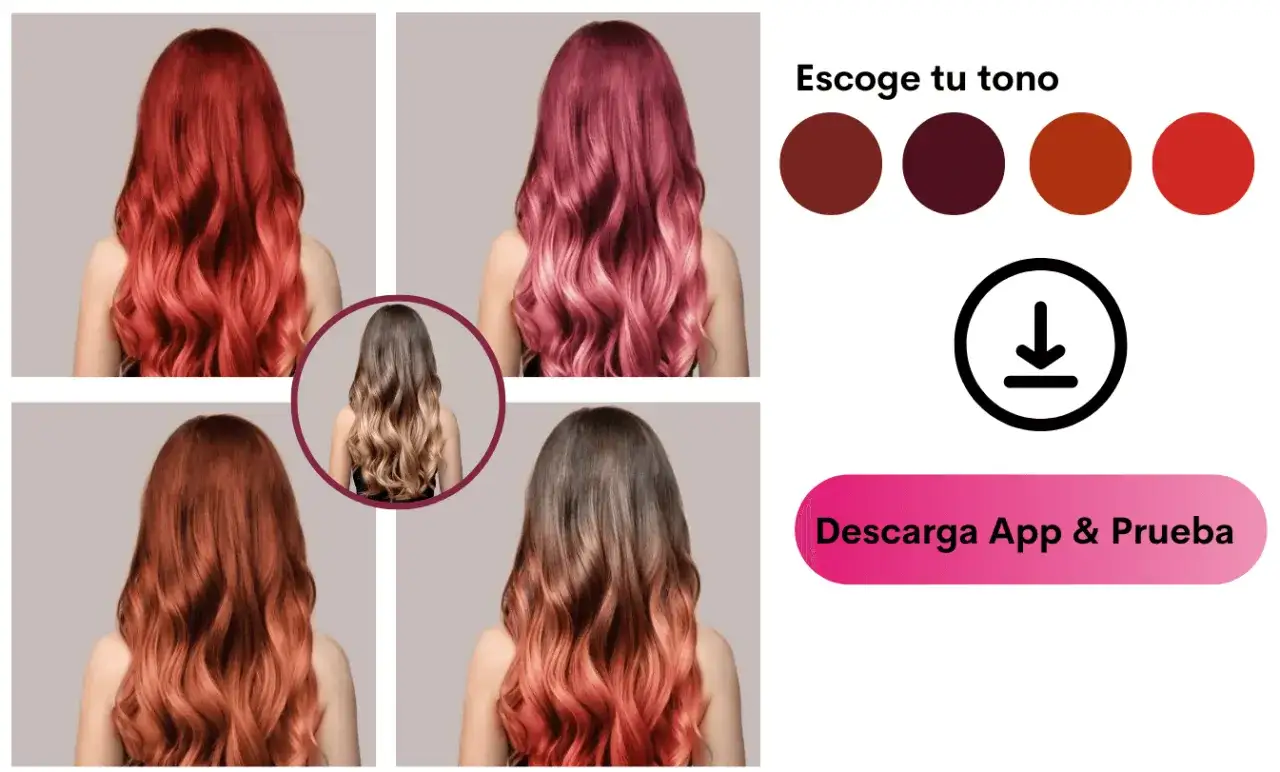 Explora tonos tinte pelirrojo vibrantes y elige tu favorito. Descarga la app para probarlos.