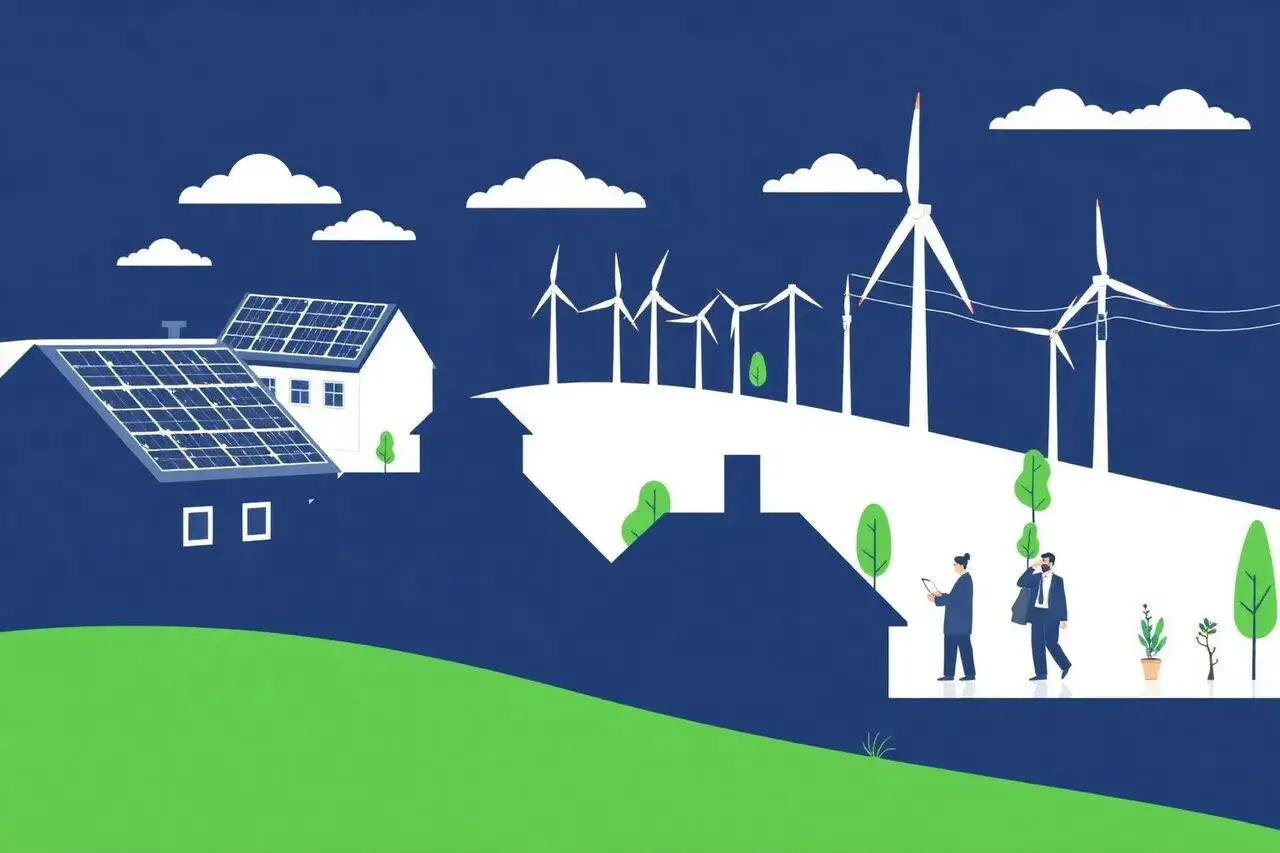 Domy z panelami słonecznymi i wiatraki na wzg&oacute;rzu symbolizują przyszłość energetyki, gdzie sp&oacute;łdzielnie energetyczne odgrywają kluczową rolę.