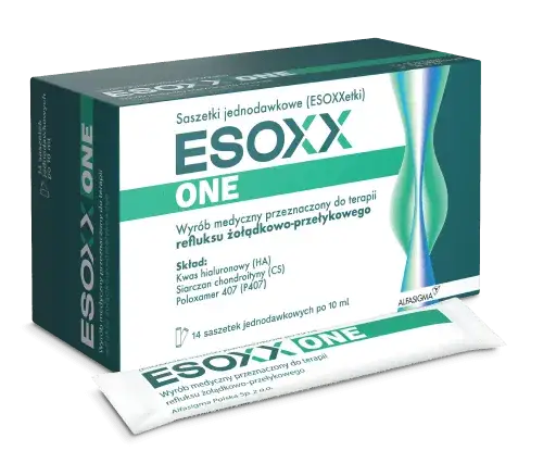 Esoxx One - saszetki na zgagę, wyrób medyczny do terapii refluksu żołądkowo-przełykowego. Zawiera kwas hialuronowy.