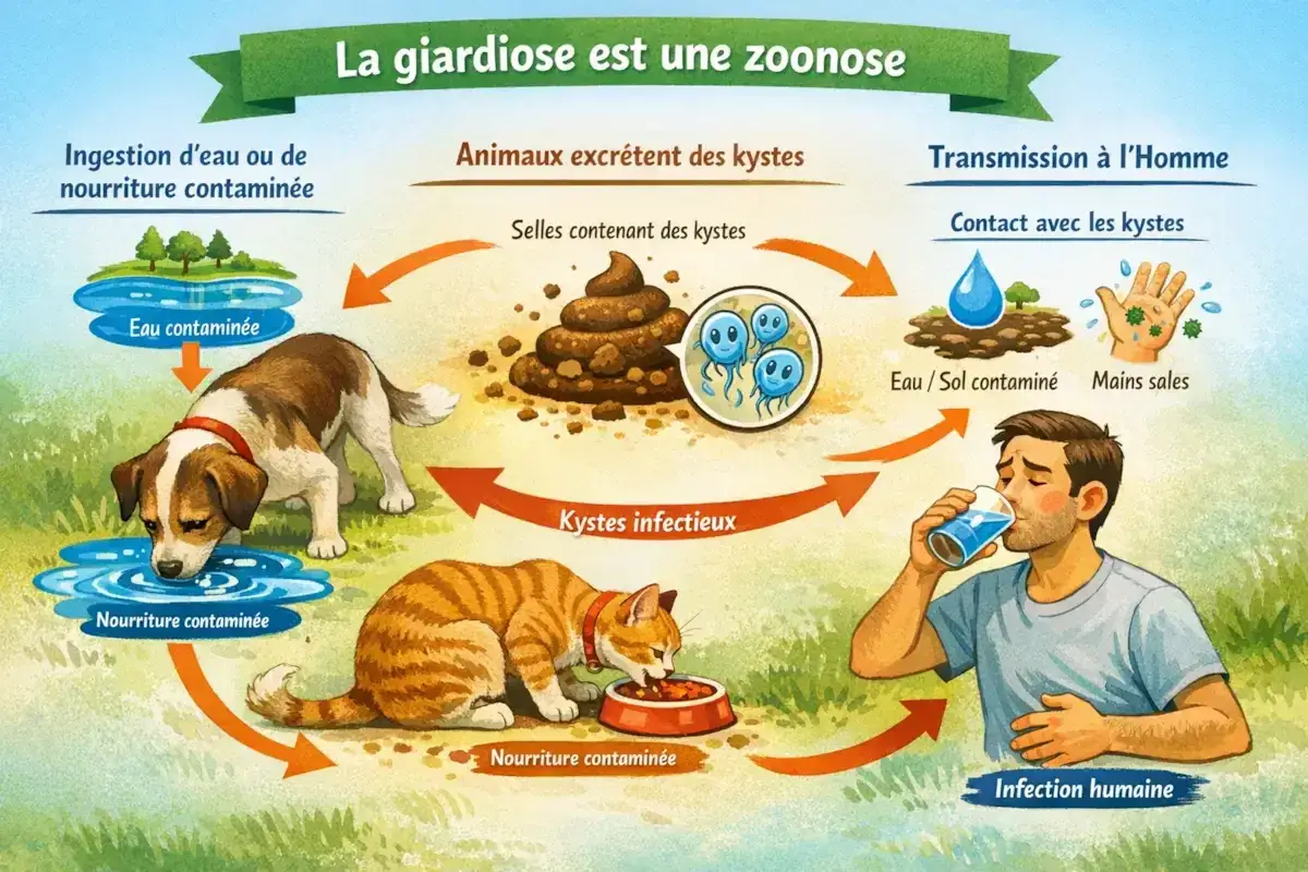 Un chien boit de l'eau contaminée, un chat mange de la nourriture souillée. La giardiose se transmet par les kystes présents dans les selles, contaminant l'eau, le sol et les mains, pouvant infecter l'homme.