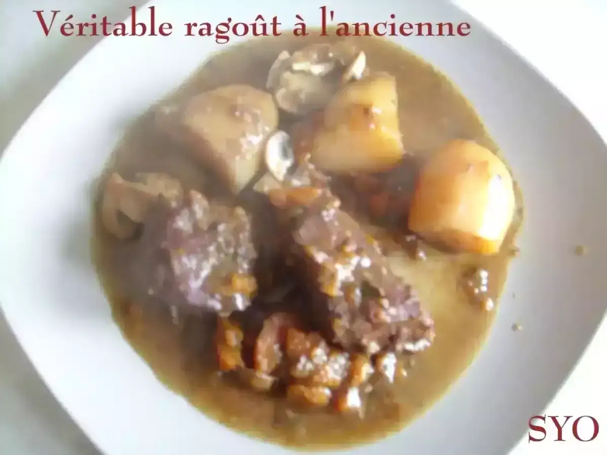 Un plat de ragout de porc mijot&eacute; avec des pommes de terre et des champignons, servi dans une sauce riche.