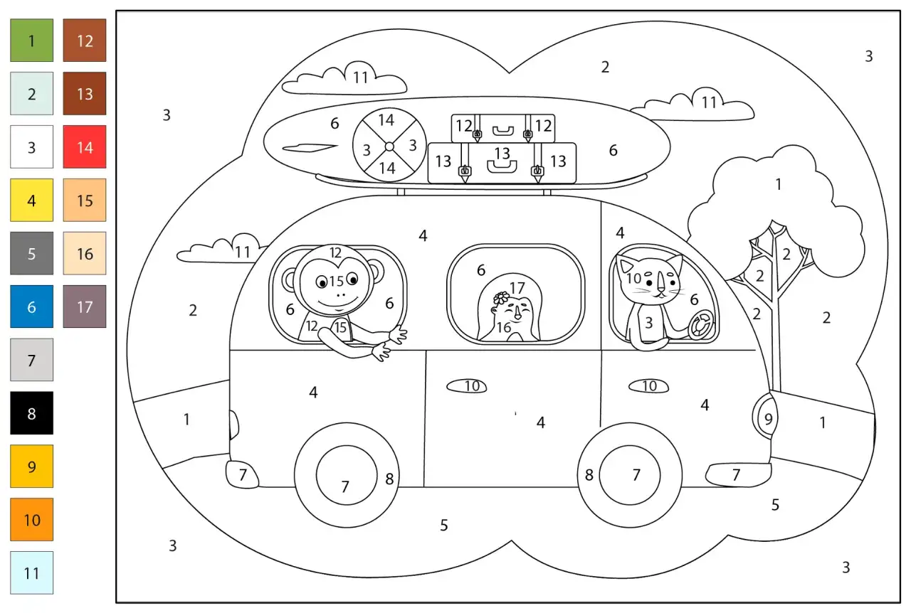 Disegni per bambini: un simpatico scimpanzé, un gatto e una bambina in viaggio su un'auto con bagagli sul tetto.