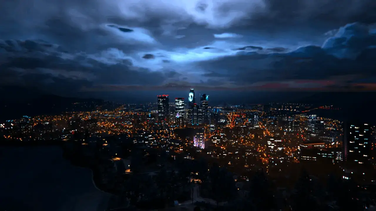 Nocne miasto Los Santos, z wieżowcami i migoczącymi światłami, wygląda niesamowicie realistycznie dzięki **gta 5 ray tracing**.