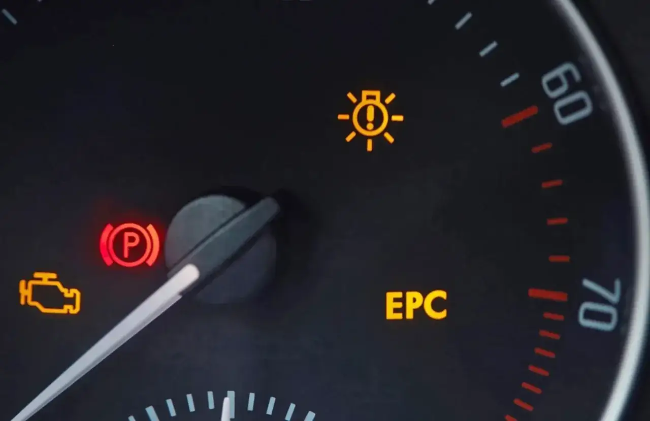 Na desce rozdzielczej świecą się kontrolki EPC, silnika i hamulca ręcznego.