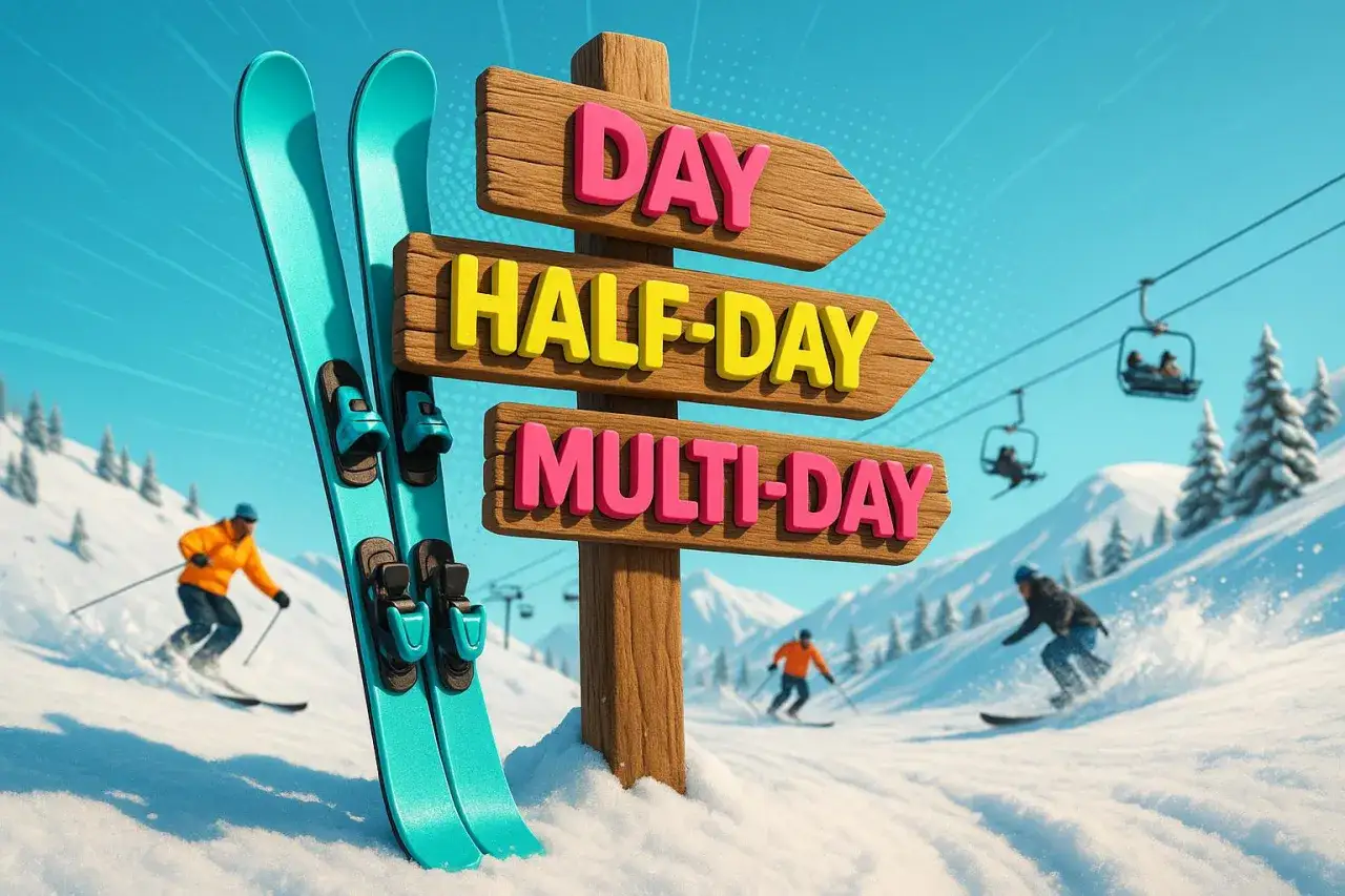 Na stoku narciarskim, obok nart, drogowskaz informuje: co to jest skipass? Dostępne opcje: DAY, HALF-DAY, MULTI-DAY.