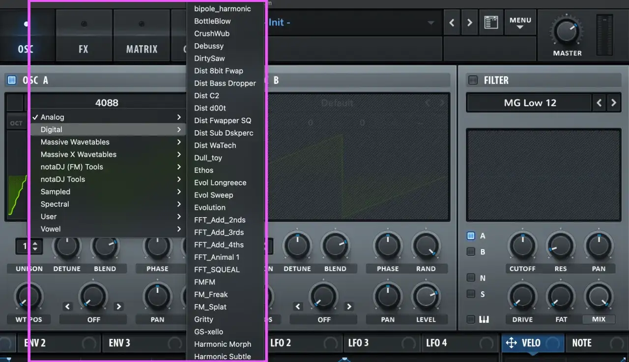 Wavetable synthesis options in a digital audio workstation, including
