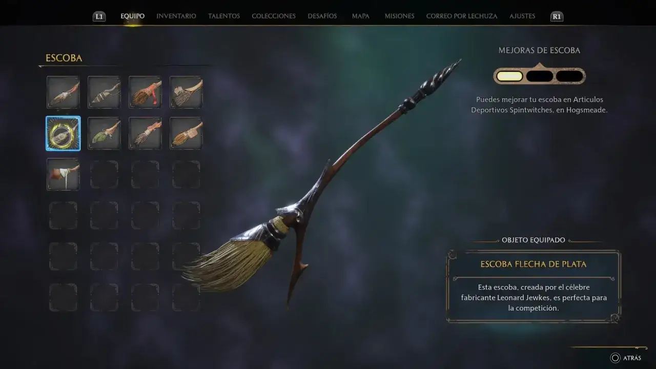Menú de escobas de Hogwarts Legacy. Se muestra la escoba