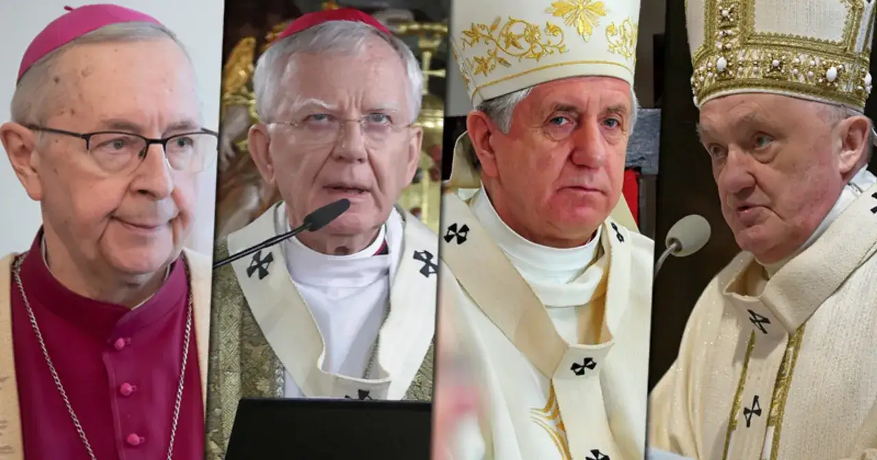 Czterech biskupów w strojach liturgicznych. Czy to wszyscy, ilu w Polsce jest biskupów?