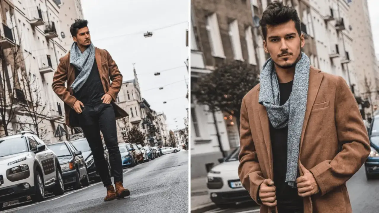 Elegancki płaszcz dla niskiej osoby, idealny na jesienne spacery po mieście. Stylowy mężczyzna w brązowym płaszczu i szaliku.