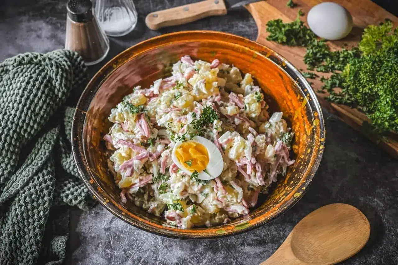 Herzhafter Kartoffelsalat mit Fleischsalat, garniert mit einem Ei und frischer Petersilie. Ein Klassiker für jede Gelegenheit.