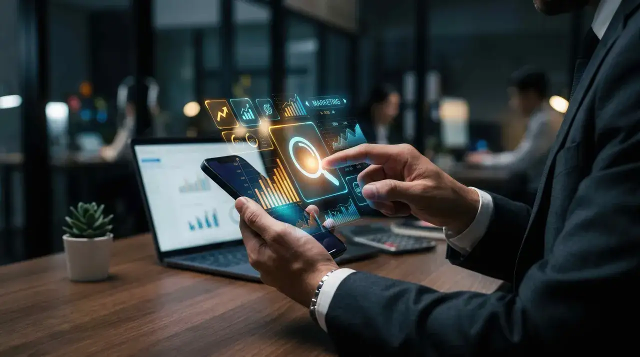 Mann nutzt Smartphone für Immobilien-Digitalisierung, analysiert Daten und Marketing-Trends.