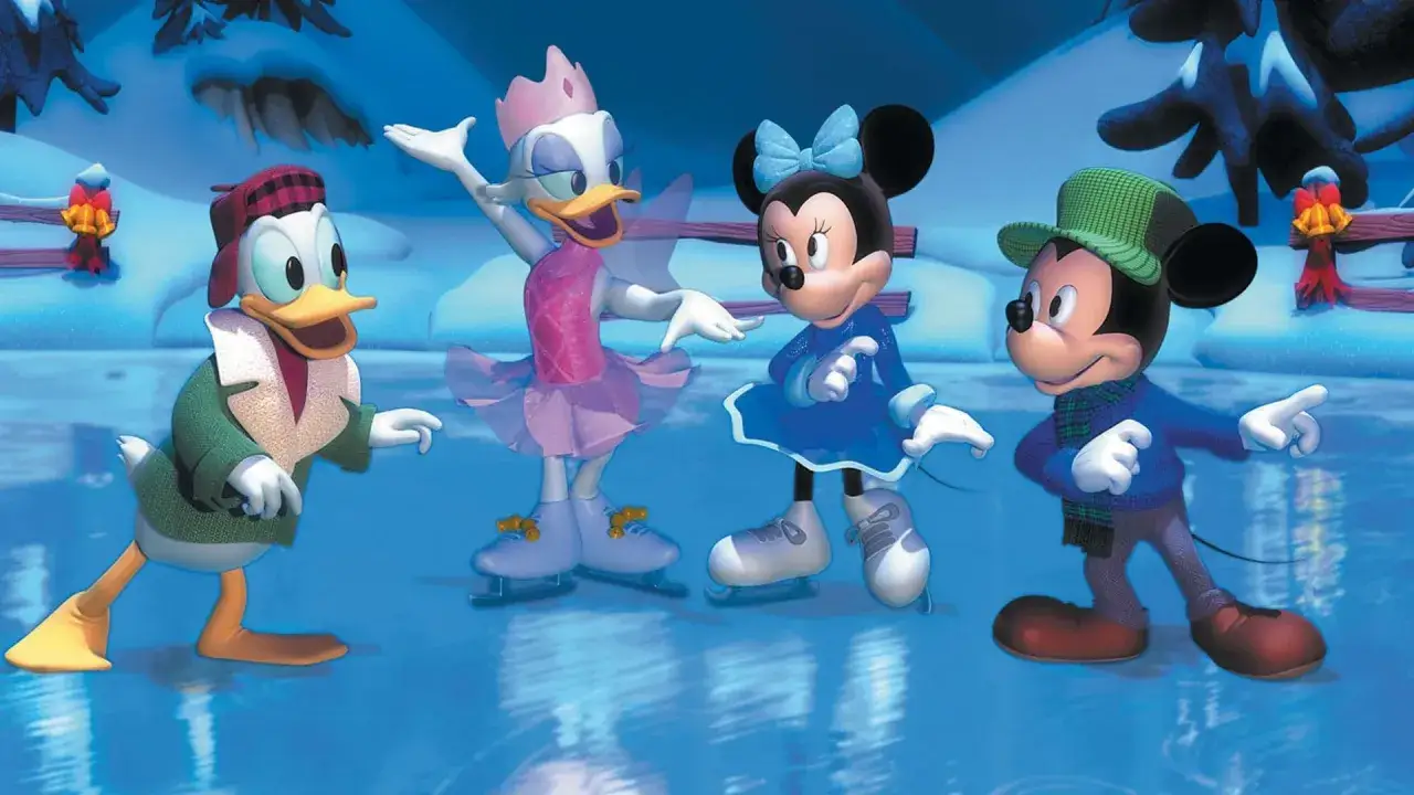 Myszka Miki, Kaczor Donald, Daisy i Minnie na lodowisku tworzą magiczną bajkę świąteczną dla dzieci.