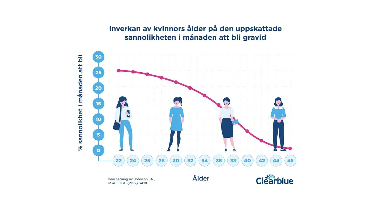Grafen visar hur kvinnors &aring;lder p&aring;verkar sannolikheten att bli gravid. Den visar att det tar l&auml;ngre tid att bli gravid ju &auml;ldre kvinnan &auml;r.