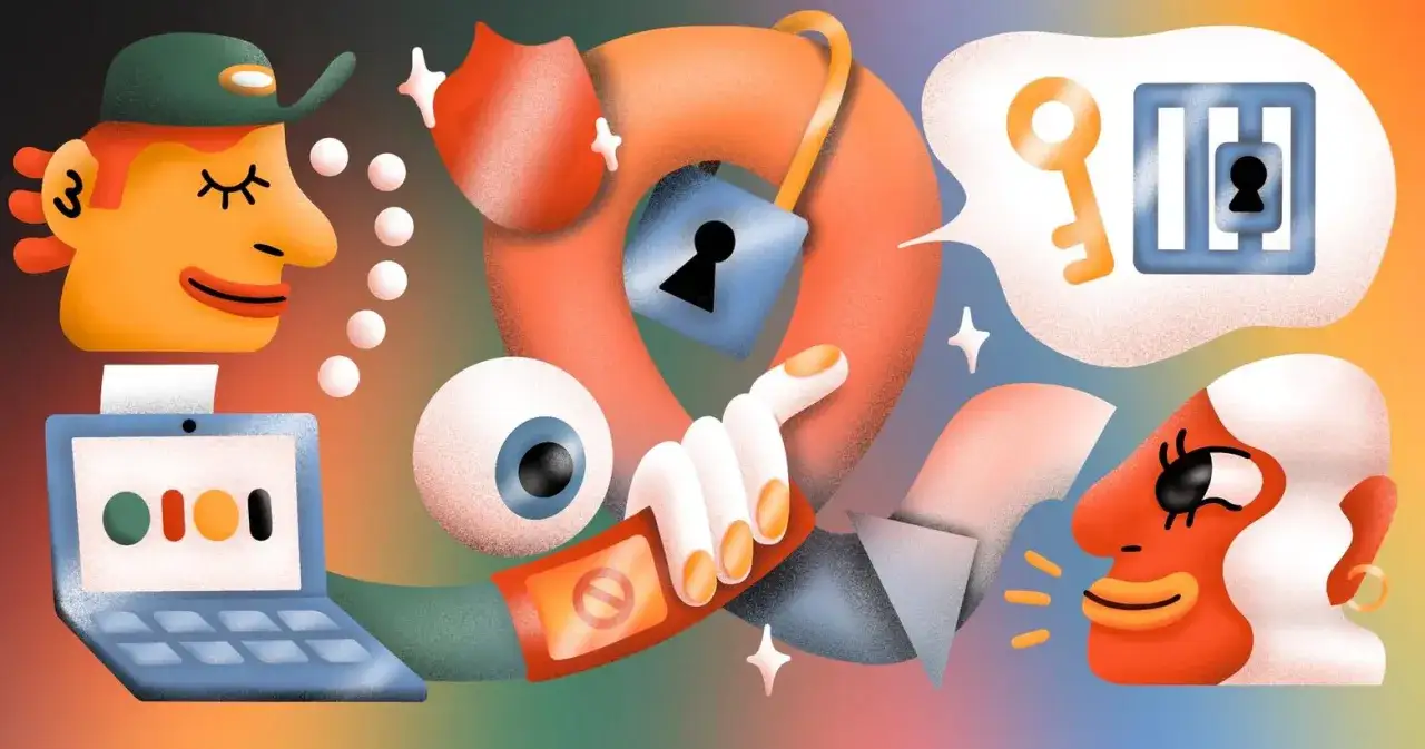 Kopf mit Kappe und Laptop, Auge, Hand mit Verbotsschild, Sprechblase mit Schl&uuml;ssel und Schloss. Das Bild symbolisiert **privacy by design**.
