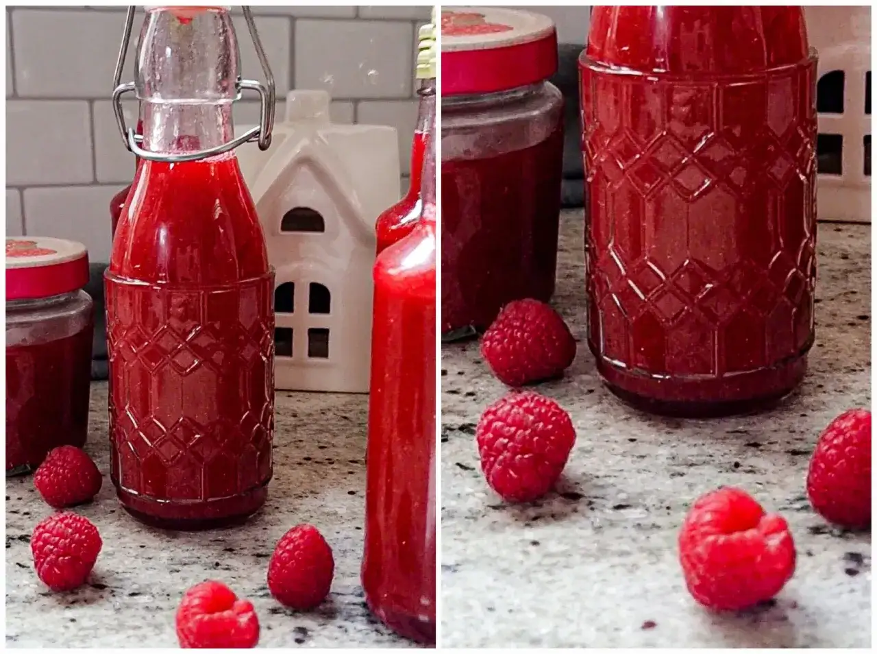 Himbeer-Schnaps selber machen: Flaschen gef&uuml;llt mit rotem Lik&ouml;r, frische Himbeeren und ein s&uuml;&szlig;es Keramikhaus.
