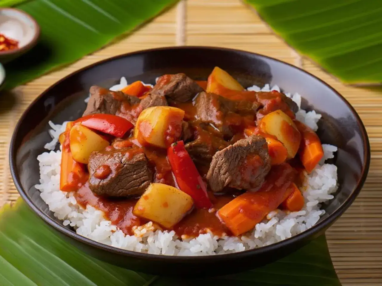 Herzhaftes Rindfleisch mit Kartoffeln und Karotten in Tomatensauce auf Reis. Ein köstliches Plov Rezept für Genießer.