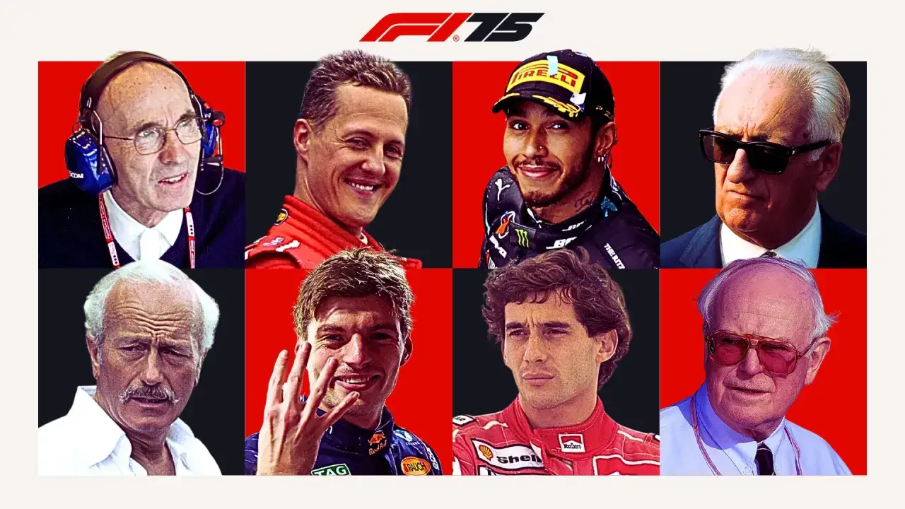 Portret ośmiu legend F1, w tym Hamiltona, Schumachera i Senny. Ci najlepsi kierowcy F1 wszechczasów na tle czerwieni.