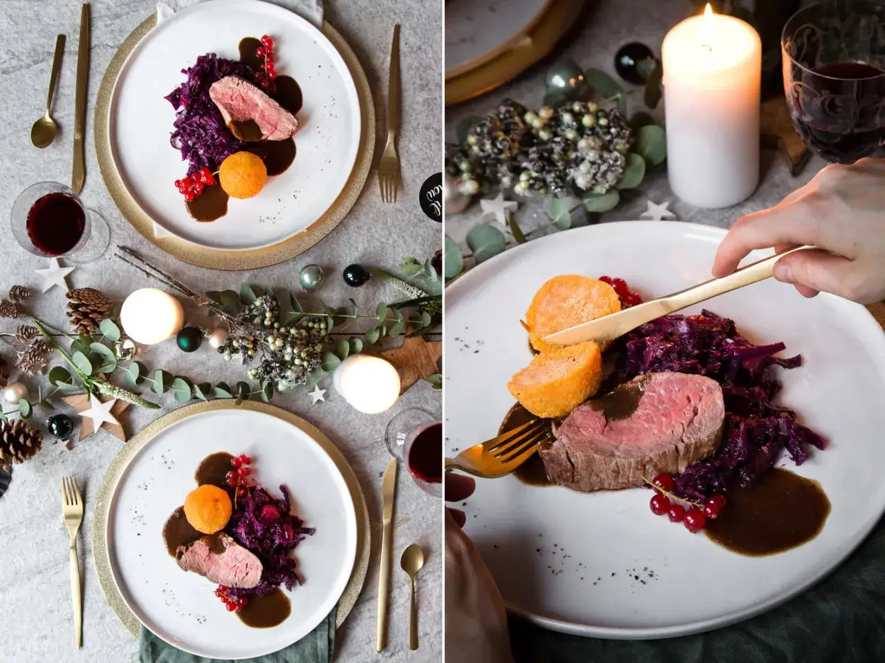 Festlich gedeckter Tisch mit zarten Schmorgerichten, Rotkohl und Klößen – perfekt für Weihnachten.