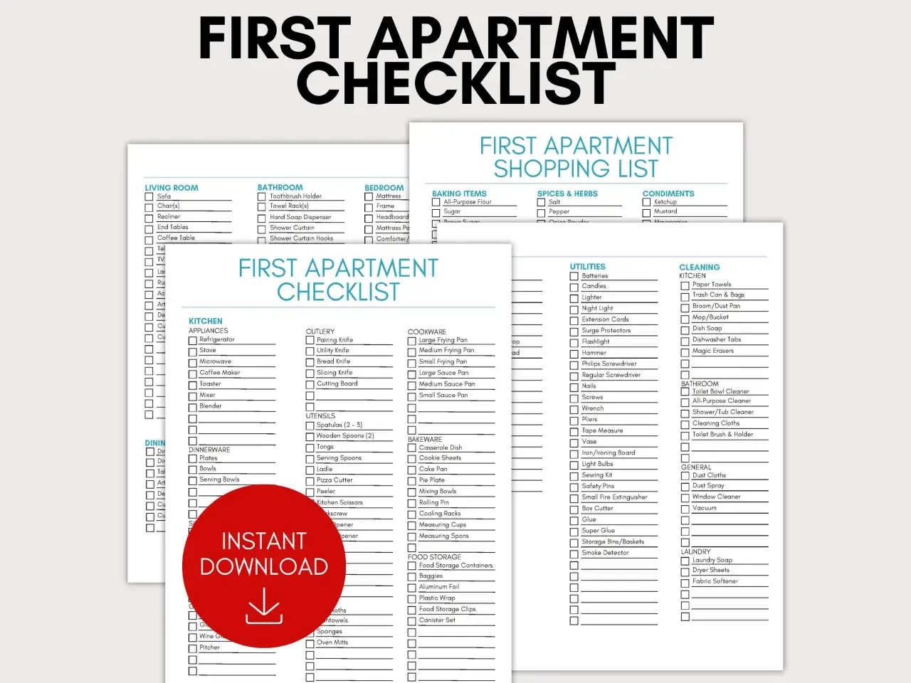 Liste de contrôle pour l'emménagement dans un nouvel appartement, avec des sections pour le salon, la salle de bain, la chambre, la cuisine, la vaisselle, les ustensiles, les articles de cuisson, les épices, les condiments, les produits d'utilité, le n...