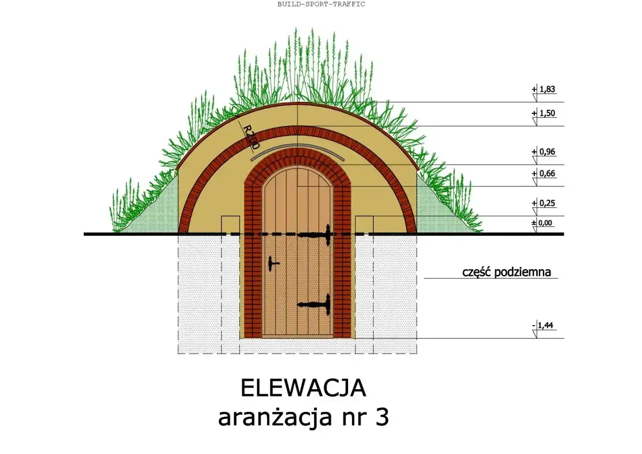Projekt ziemianki piwnicy z drewnianymi drzwiami i ceglanym łukiem, porośniętej trawą.