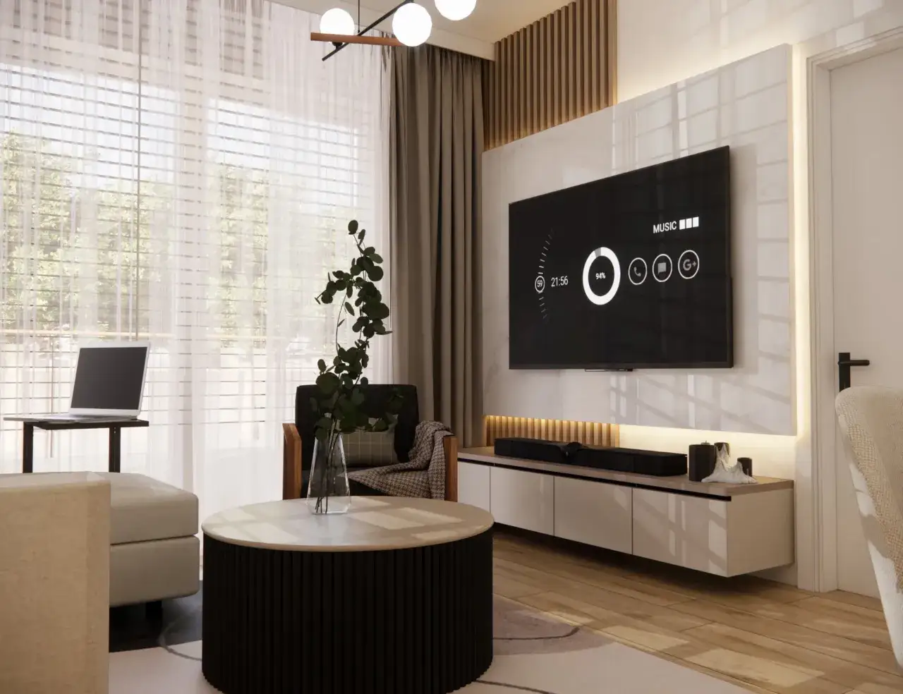 Nowoczesna aranżacja ściany w salonie z telewizorem, minimalistycznymi meblami i wygodnym fotelem.
