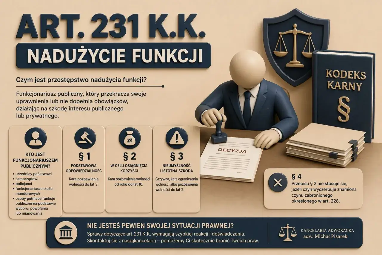 Ilustracja przedstawia art. 231 K.K. nadużycie funkcji. Widzimy urzędnika składającego pieczęć na dokumencie 