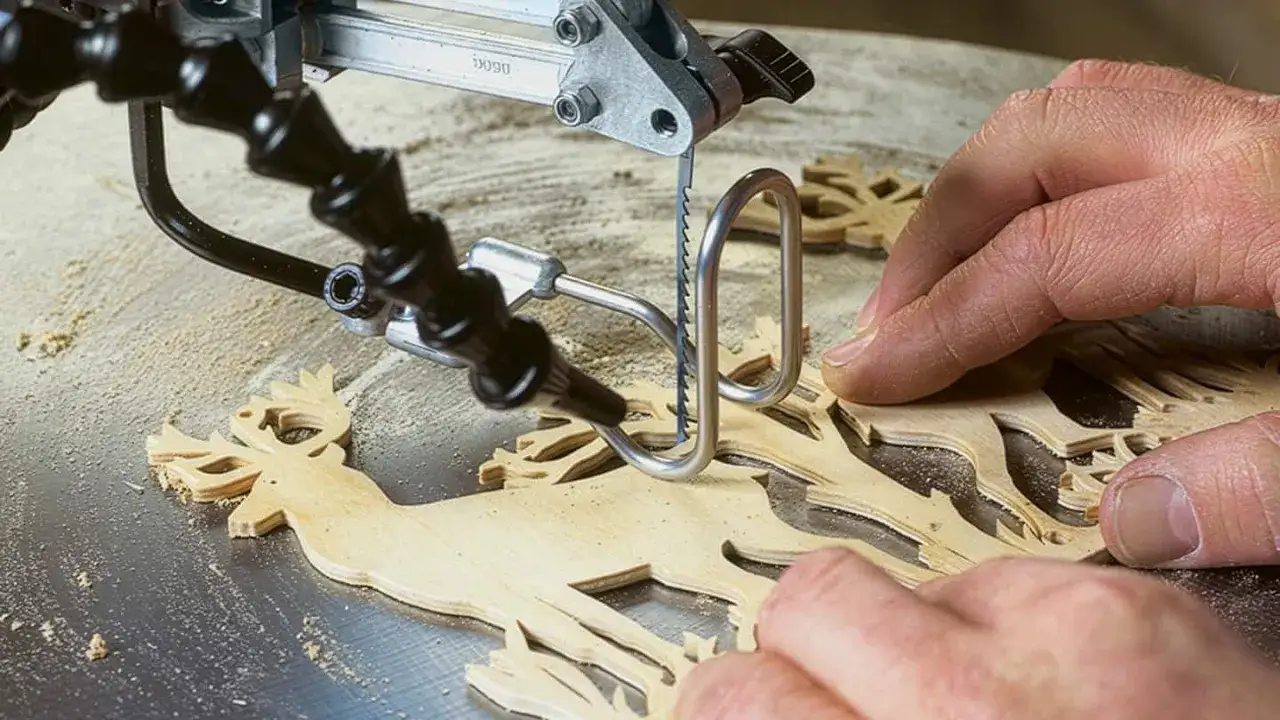 Un artisan utilise une scie à chantourner pour découper un cerf en bois. Cet outil sert à réaliser des formes complexes et détaillées.