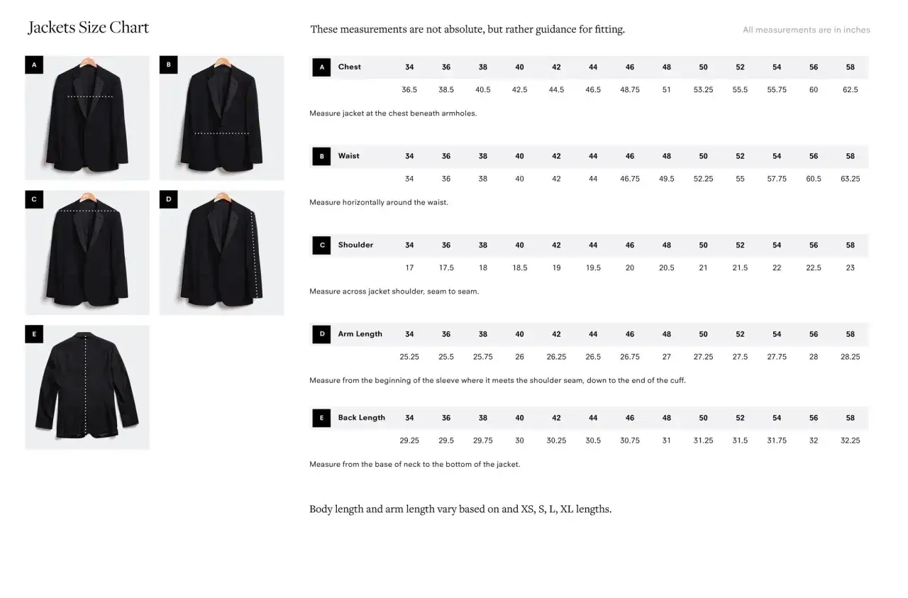 Diagrams and a chart showing how to measure for a tuxedo jacket, including chest, waist, shoulder, arm length, and back length.