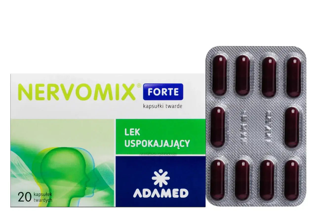 Opakowanie leku Nervomix Forte z 20 kapsułkami i blistrem ciemnoczerwonych kapsułek.