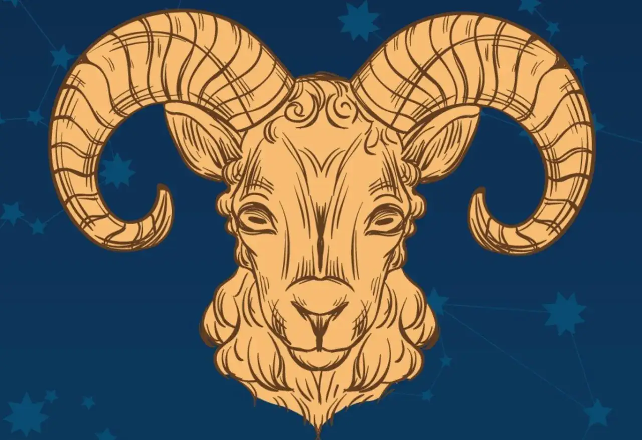 Ilustracja głowy barana z wielkimi rogami na tle nocnego nieba. Horoskop baran co mnie czeka? Gwiazdy wskazują na nowe wyzwania.