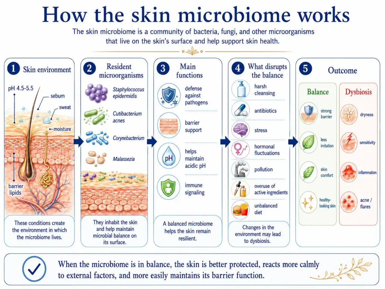 Die Haut als Mikrobiom-Wunderwaffe: Ein Diagramm erklärt, wie Mikroorganismen die Haut schützen und welche Faktoren das Gleichgewicht stören können.