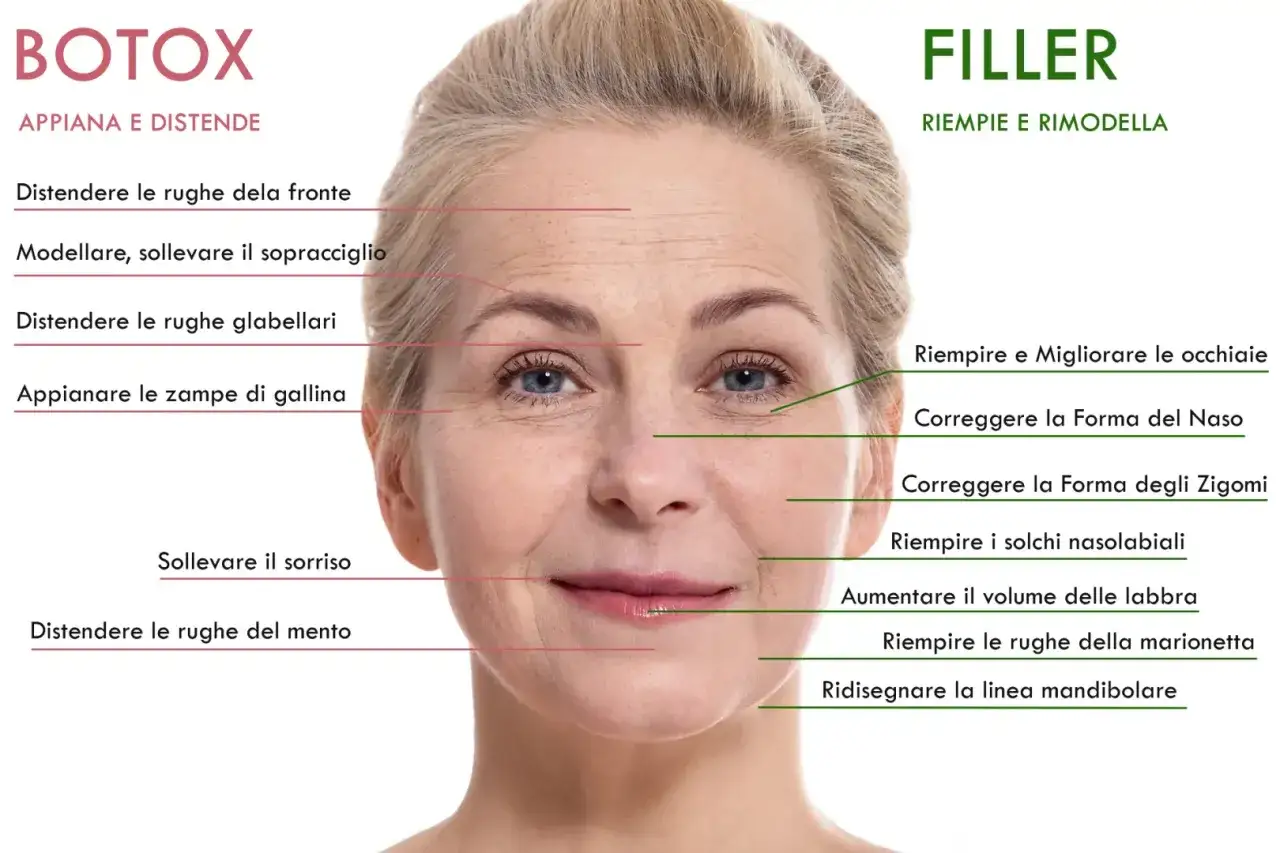 Volto di donna con indicazioni per trattamenti estetici: botox o acido ialuronico per distendere rughe e rimodellare i tratti del viso.