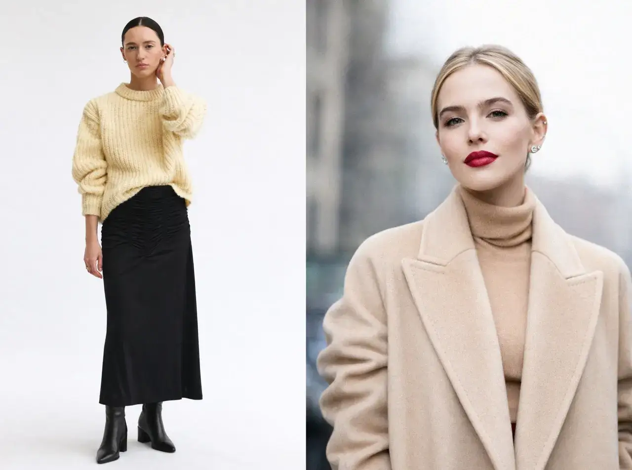 Elegancka stylizacja z żółtym swetrem i czarną spódnicą, obok portret kobiety w beżowym płaszczu. Inspiracja skandynawskie marki odzieżowe.