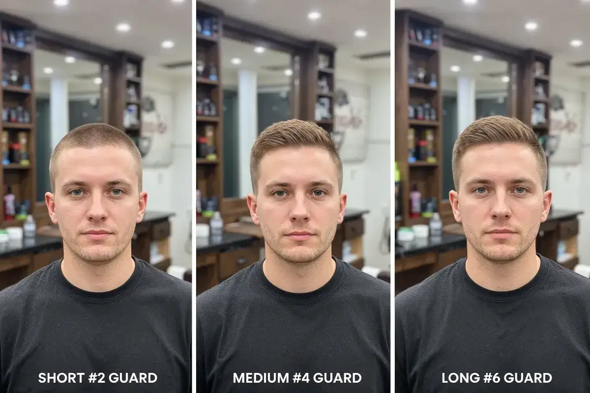 Tres hombres con cortes de pelo diferentes: buzz cut fade corto, mediano y largo.