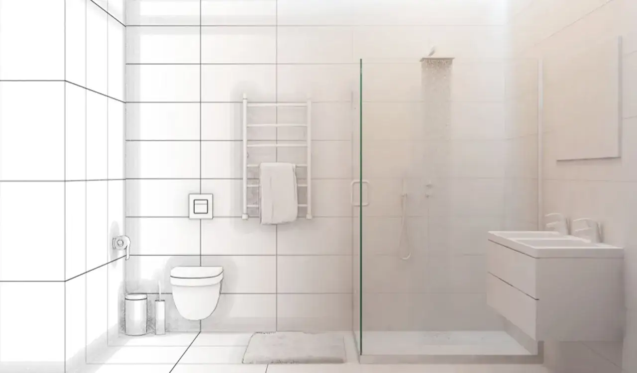 Bagno moderno con doccia, lavabo e WC. L'altezza porta rotolo carta igienica &egrave; ben visibile vicino al WC.