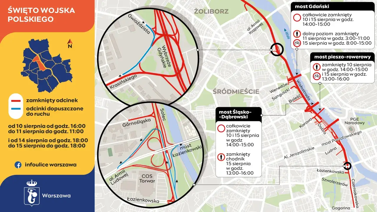 Mapa Warszawy z zaznaczonymi zamknięciami dróg na Święto Wojska Polskiego. Wisłostrada korek dziś? Sprawdź objazdy i utrudnienia.