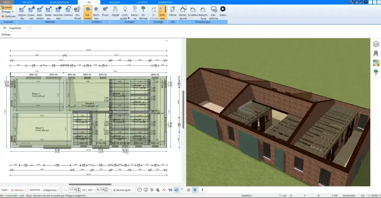 Grundriss eines alten Bauernhauses mit detaillierten Raumaufteilungen und Ma&szlig;en, daneben eine 3D-Ansicht des Geb&auml;udes.