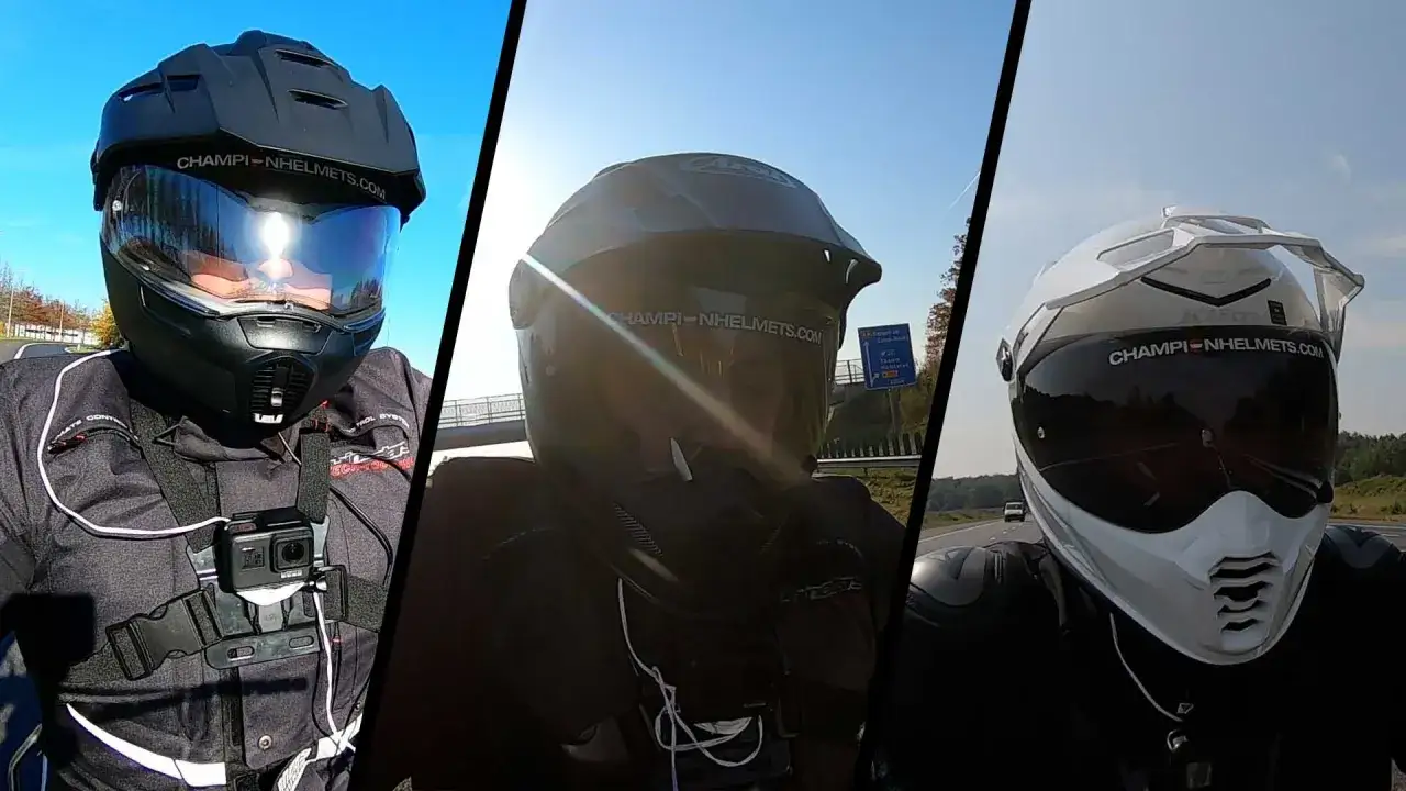 Motorcyklister testar olika hj&auml;lmar under en &auml;ventyrlig resa. Svart, m&ouml;rk och vit hj&auml;lm syns.