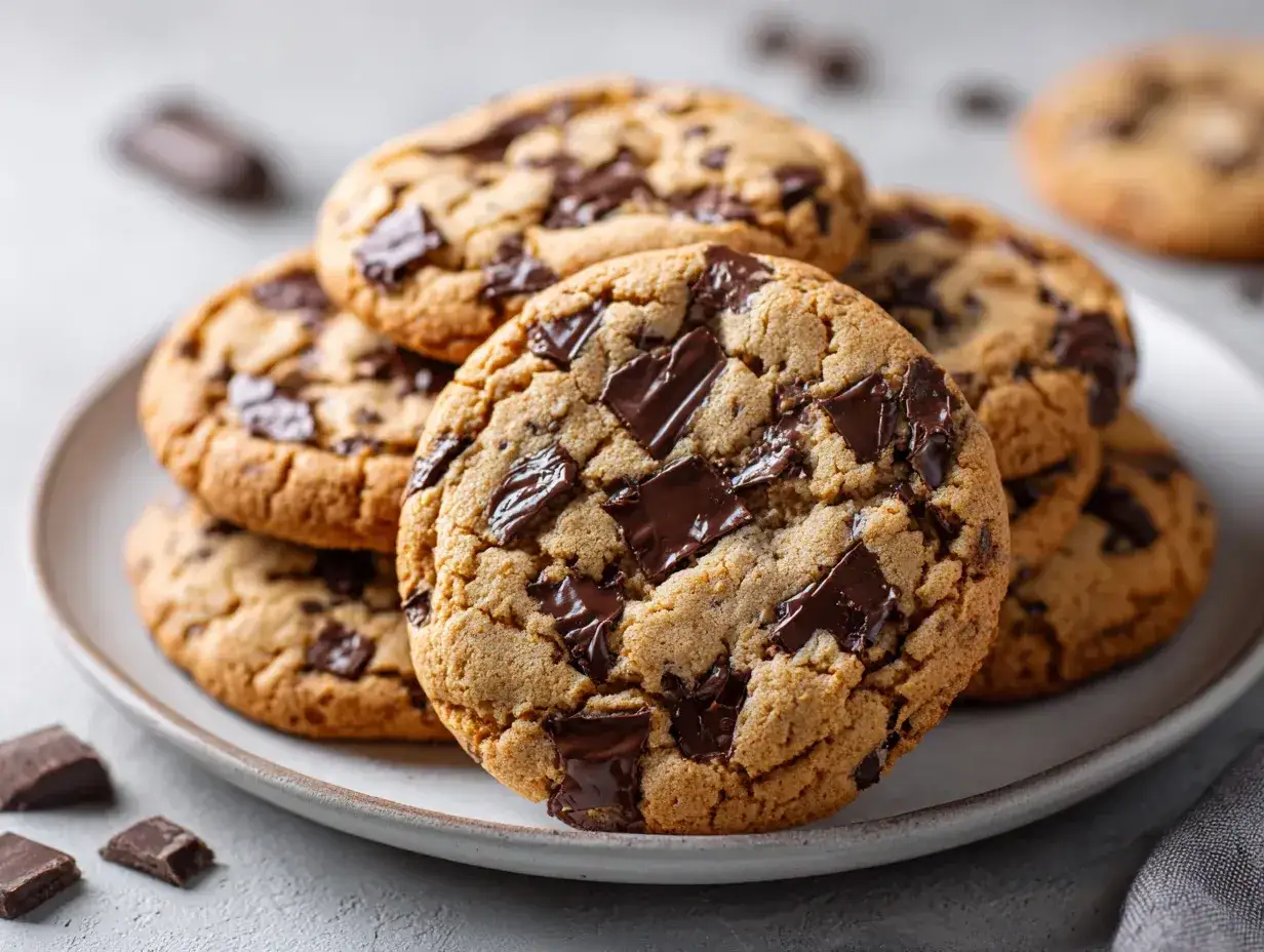 En hög med nybakade chocolate chip cookies, med smält choklad som sticker ut. Perfekt för fikat!