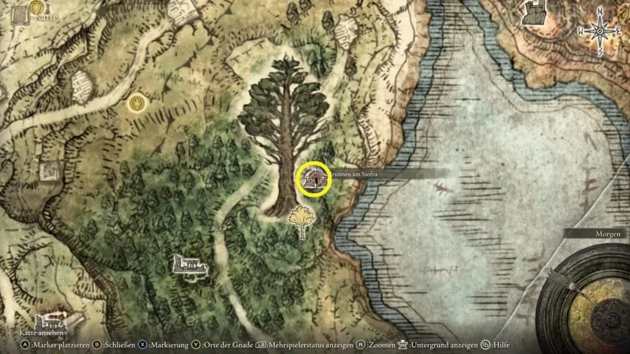 Mapa ukazuje obszar z rzeką Siofra, lasem i zaznaczonym punktem